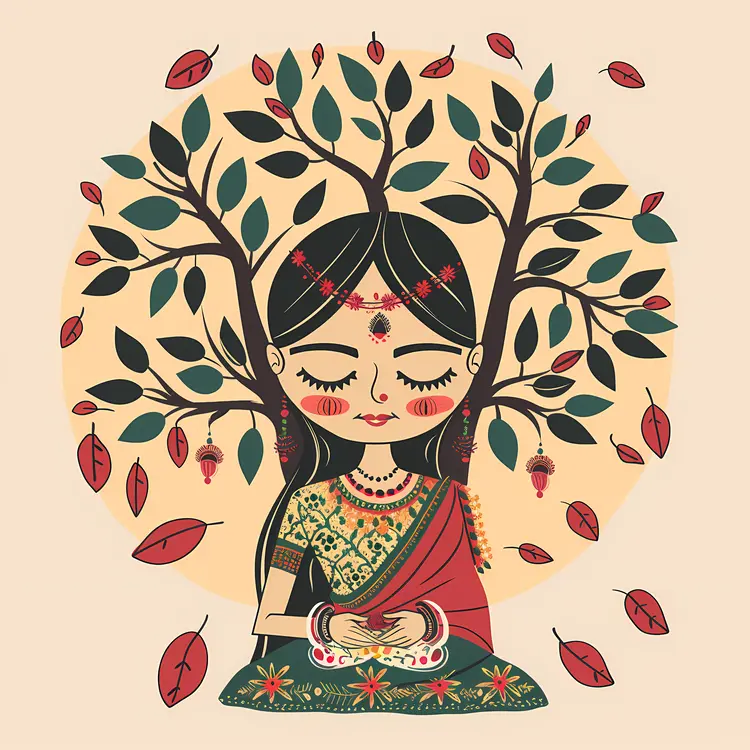 Peaceful Meditating Woman with Tree and Leaves