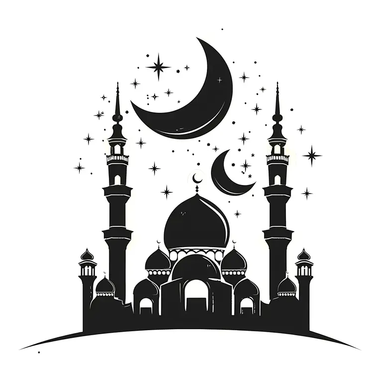 Elegant Mosque Silhouette with Crescent Moons and Stars