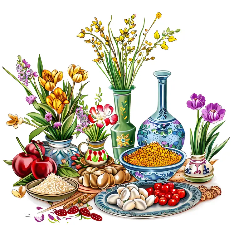 Colorful Still Life with Flowers and Food