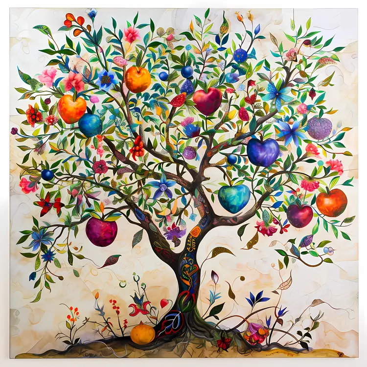 Colorful Tree with Fruits and Flowers