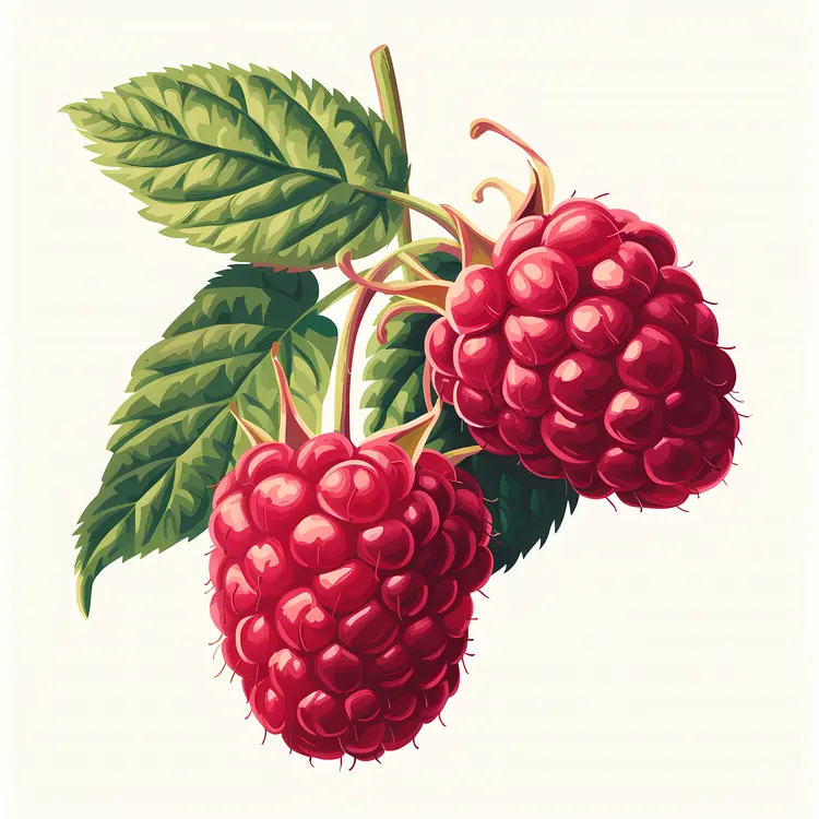 Raspberries on Branch with Leaves