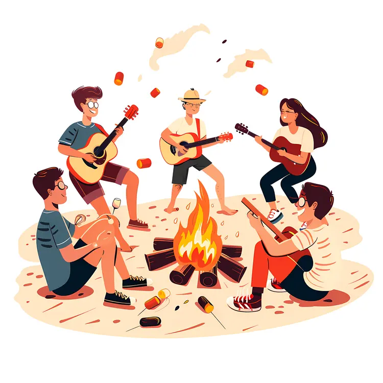 Friends Playing Guitar Around Campfire