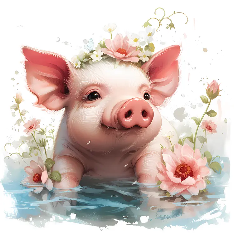 Adorable Piglet in Water Surrounded by Blossoms
