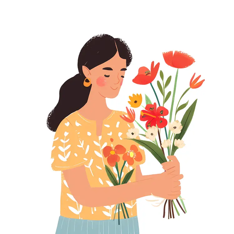 Girl Holding a Bouquet of Flowers Illustration