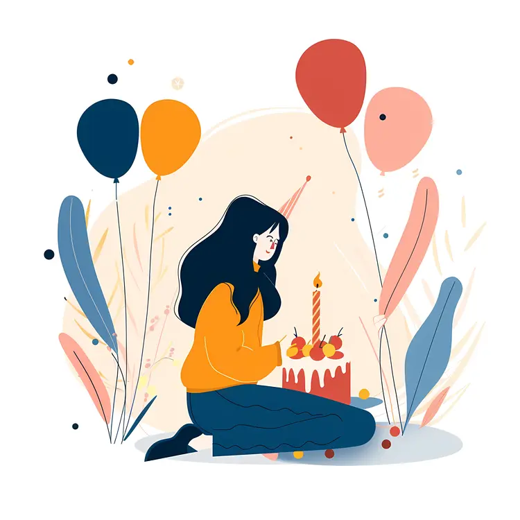Girl Celebrating Birthday with Cake and Balloons