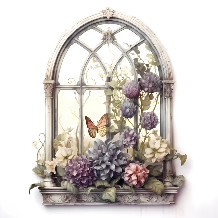 Butterfly and Flowers in a Gothic Window with Vines