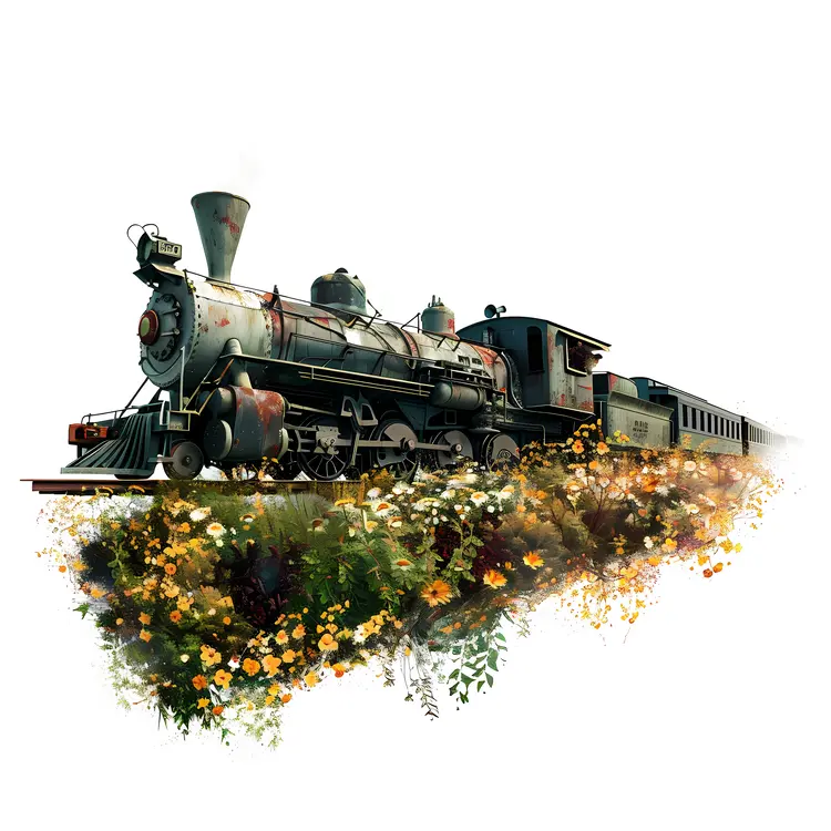 Steam Train with Yellow Flowers