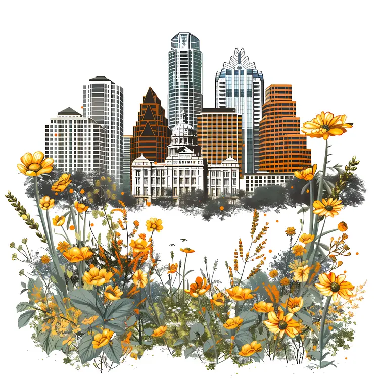 Cityscape with Yellow Flowers