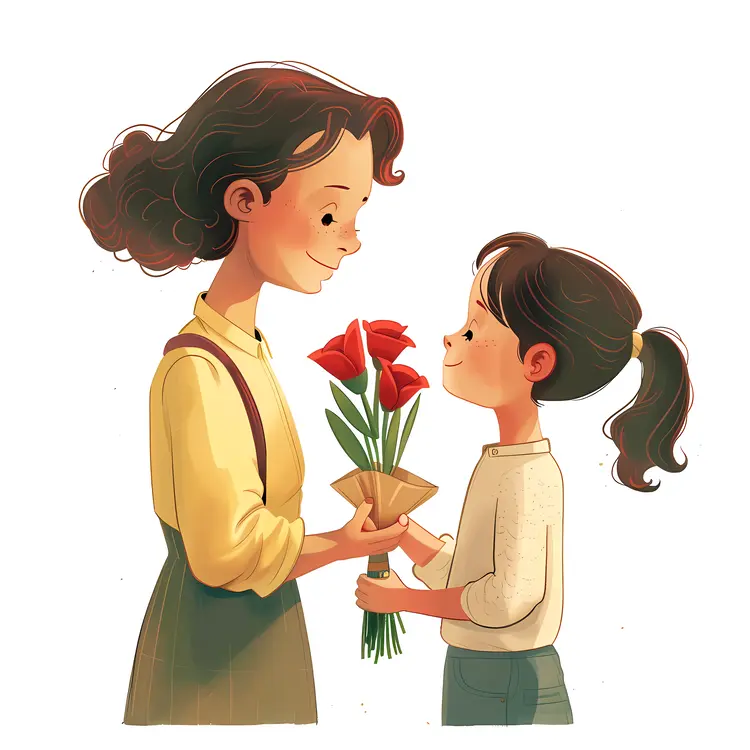 Mother and Child with Red Flowers Illustration