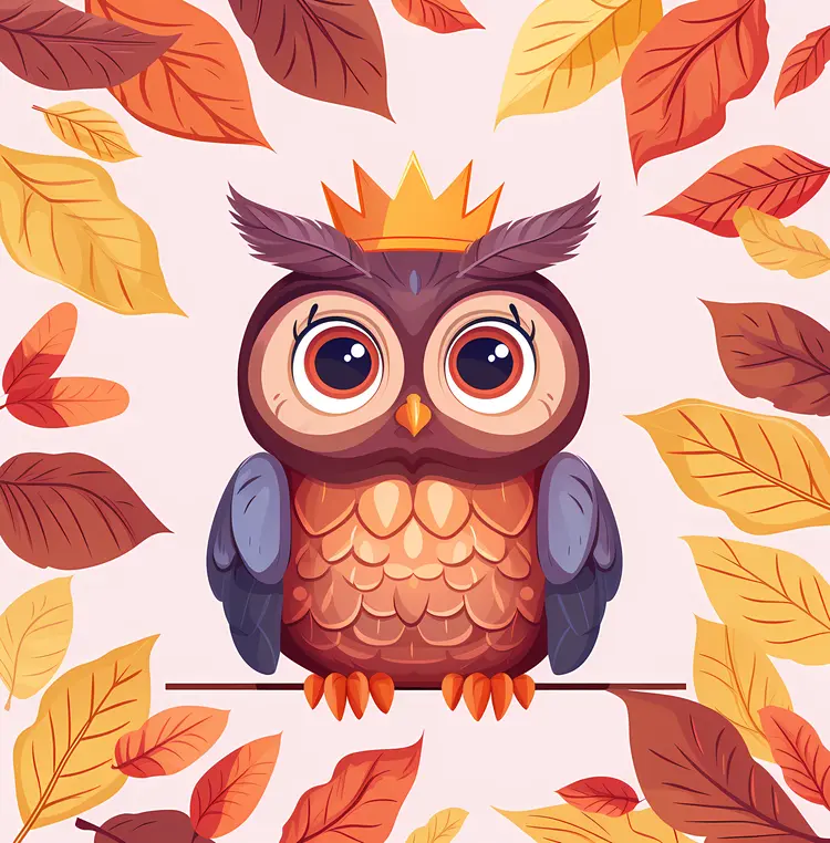 Cute Owl with Crown in Autumn Leaves