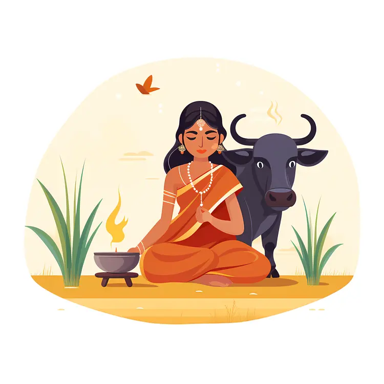 Woman Meditating with Buffalo and Fire