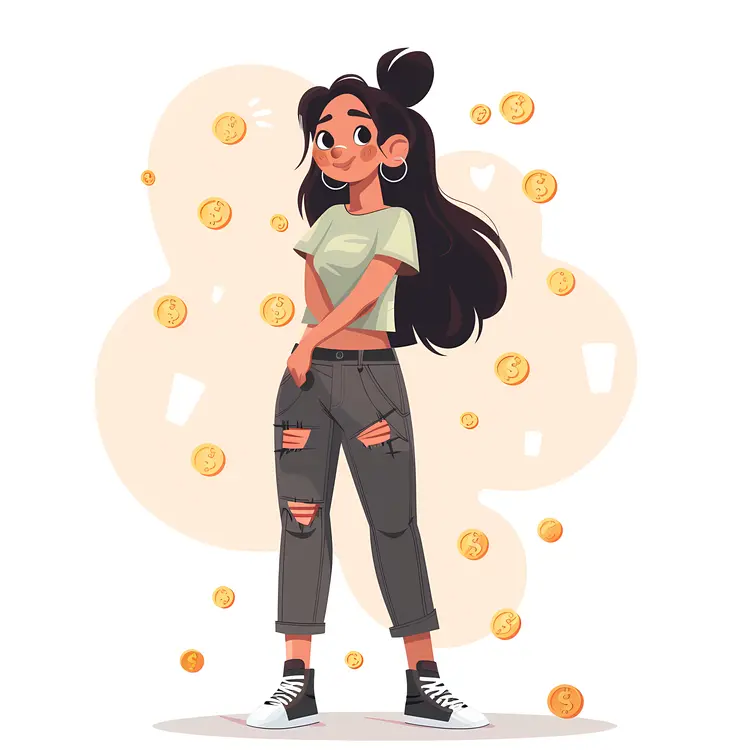 Cartoon Girl with Coins and Casual Outfit