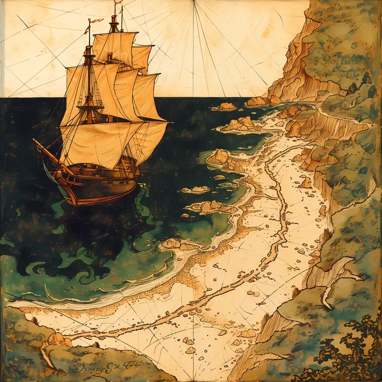 Coastal Map with Ship and Coastline