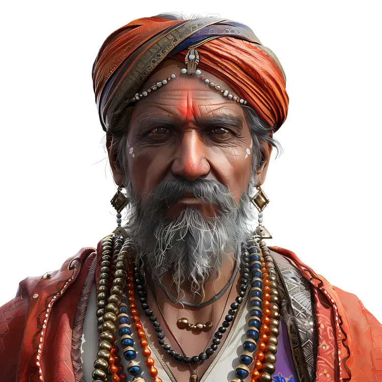 Elderly Man in Traditional Attire with Beads and Turban