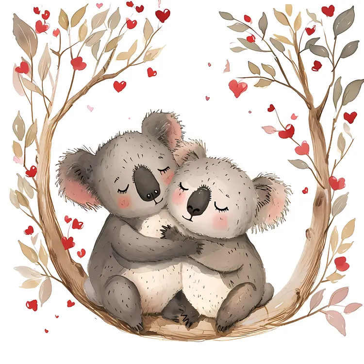 Koalas Hugging on Tree with Hearts