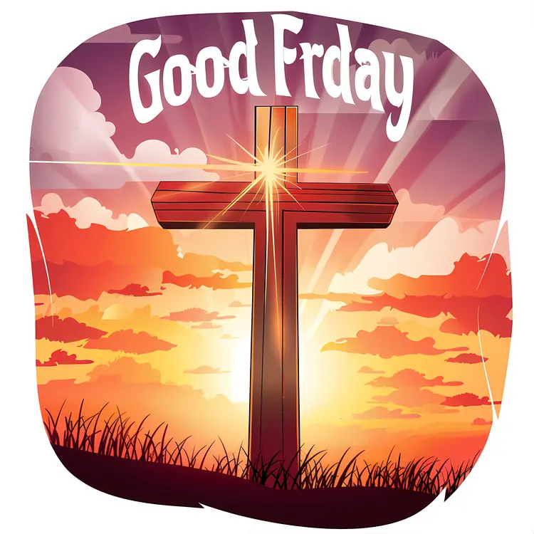 Wooden Cross with Good Friday Text and Sunset Background