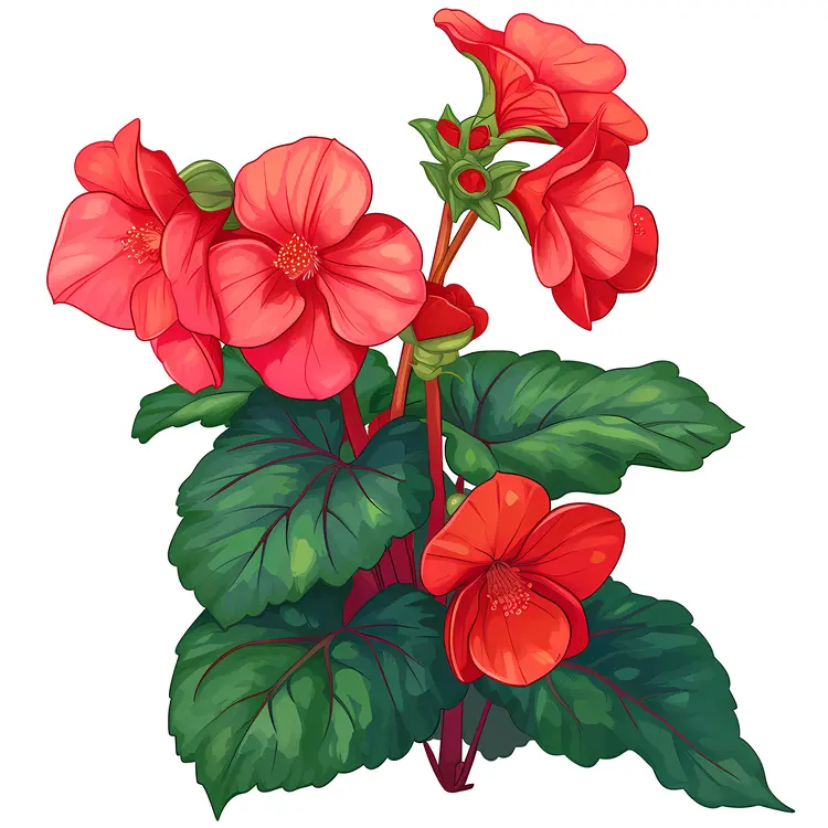 Red Begonia Flowers with Green Leaves in Botanical Style