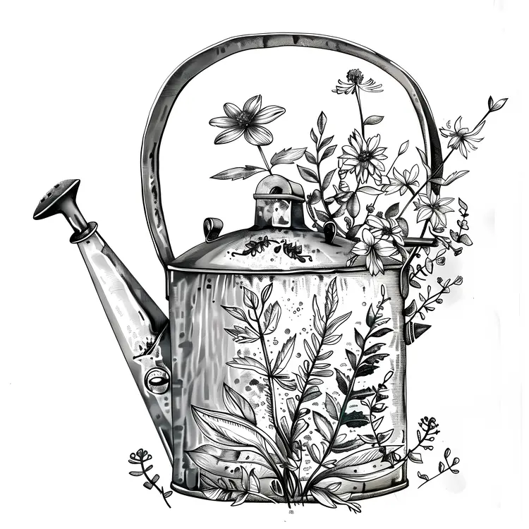 Black and White Watering Can Illustration