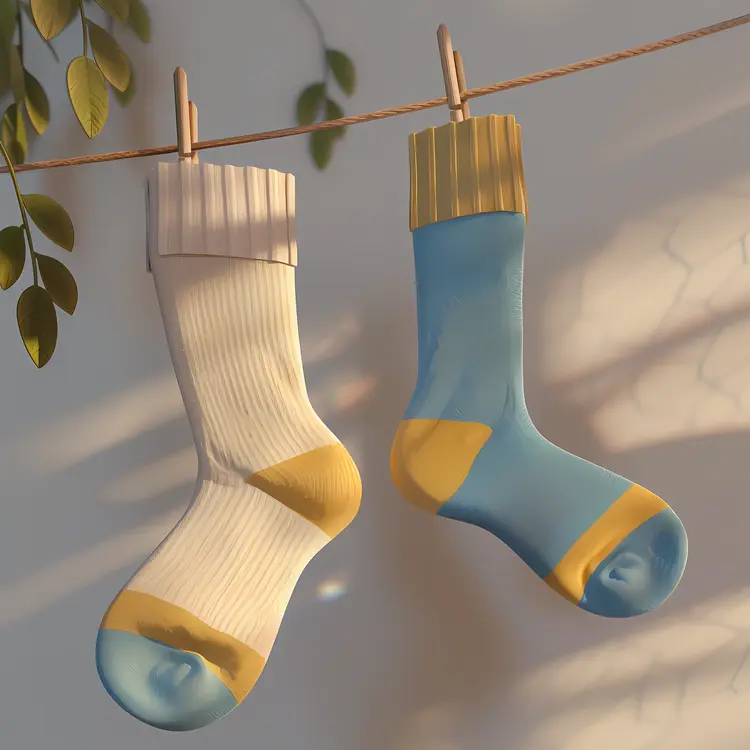 Blue and Yellow Socks Hanging on Clothesline