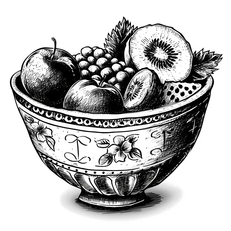 Black and White Fruit Bowl with Kiwi and Apple