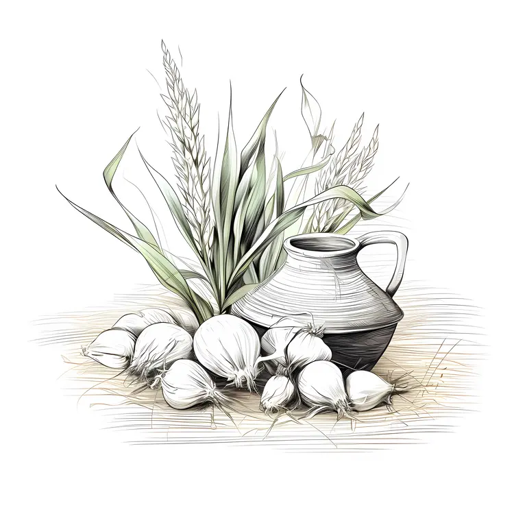 Rustic Still Life with Garlic and Pot
