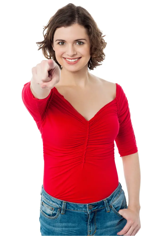 Smiling Woman in Red Shirt Pointing