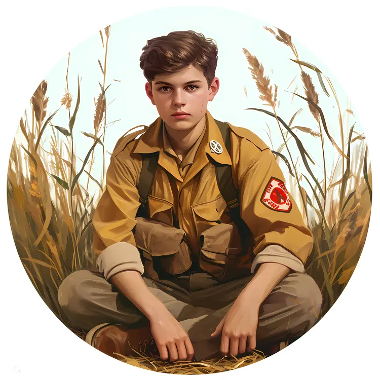 Boy Scout Sitting in Field