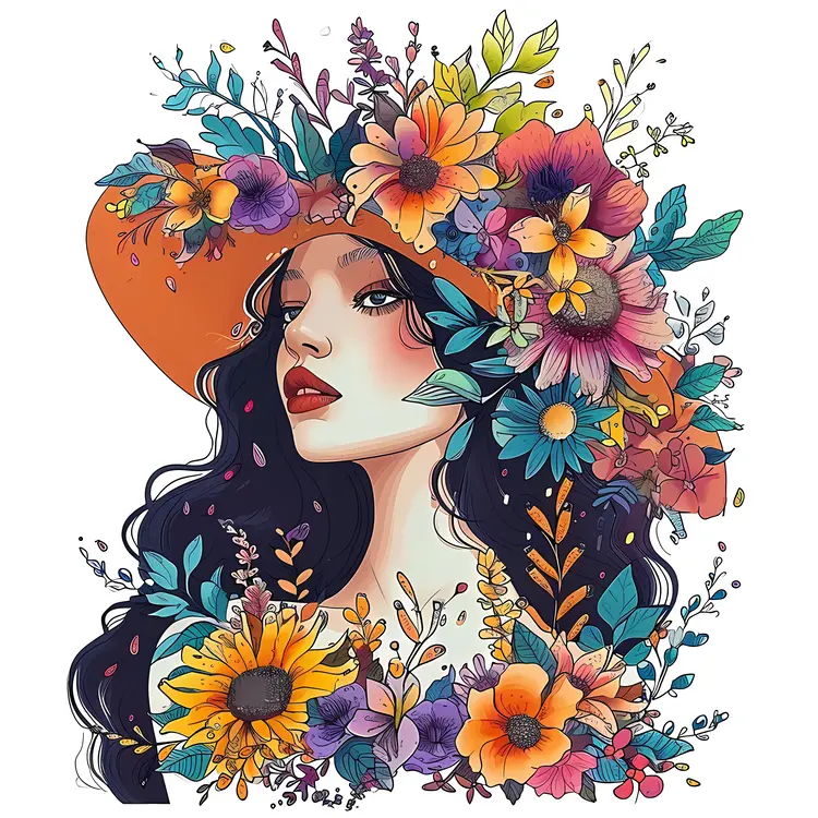 Woman with Floral Hat in Profile View