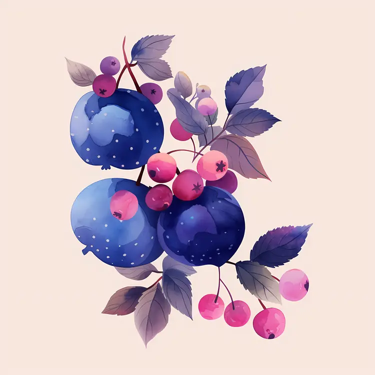 Watercolor Blueberries with Leaves