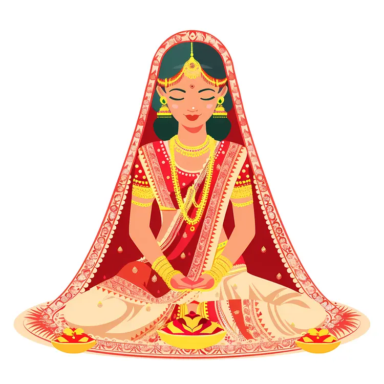 Traditional Indian Bride in Red and White Attire Sitting