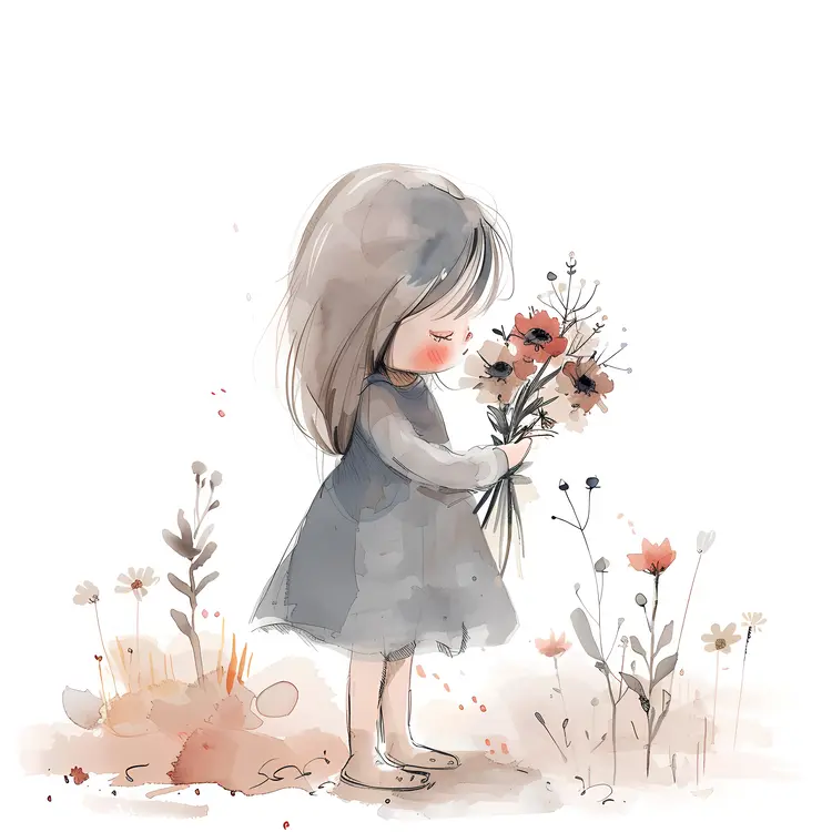Watercolor Girl with Flowers