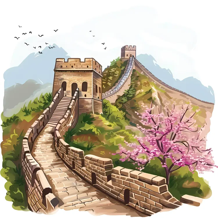 Great Wall of China with Blossoming Trees
