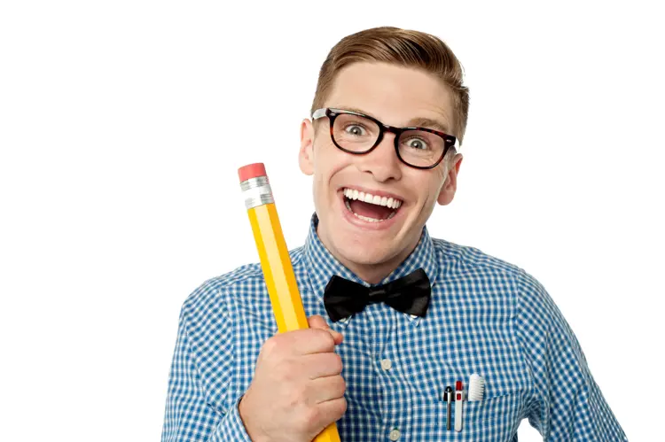 Man Holding Giant Pencil with Excitement
