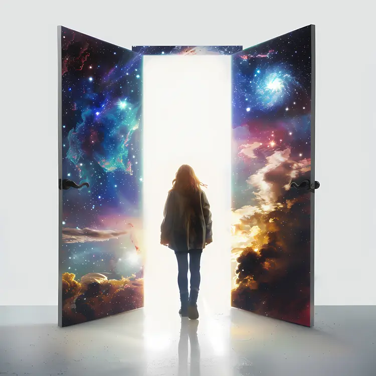 Person Walking Through Cosmic Doorway