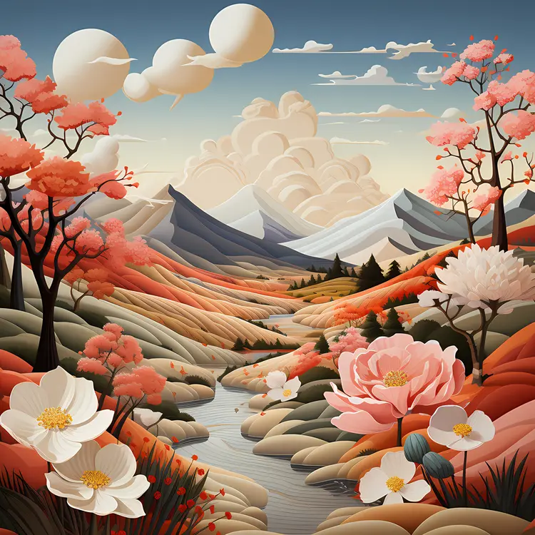 Scenic Landscape with Mountains and Flowers
