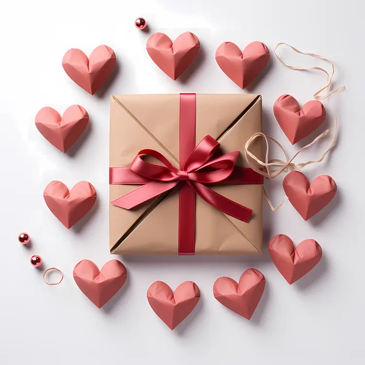 Beautiful Gift Box with Red Ribbon and Heart Decorations