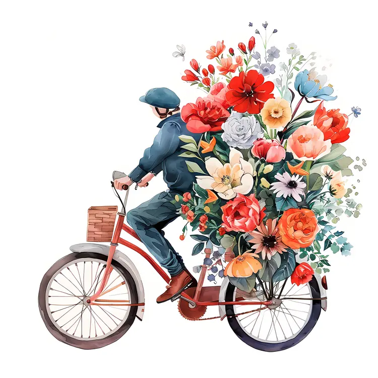 Man Riding Bicycle with Flowers