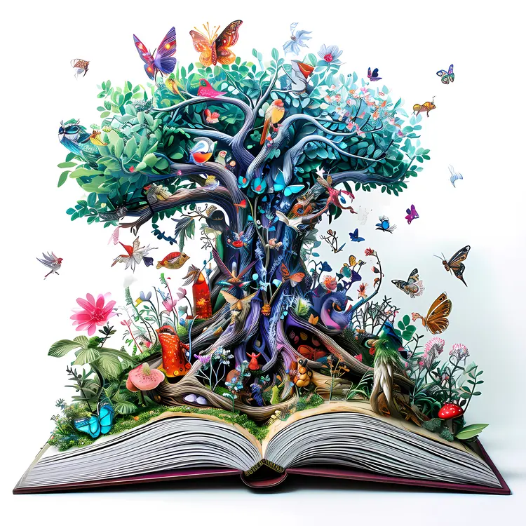 Magical Tree with Butterflies Emerging from a Book