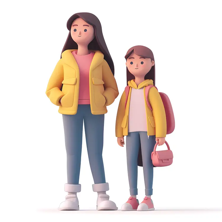 Mother and Child in 3D Illustration with Backpacks