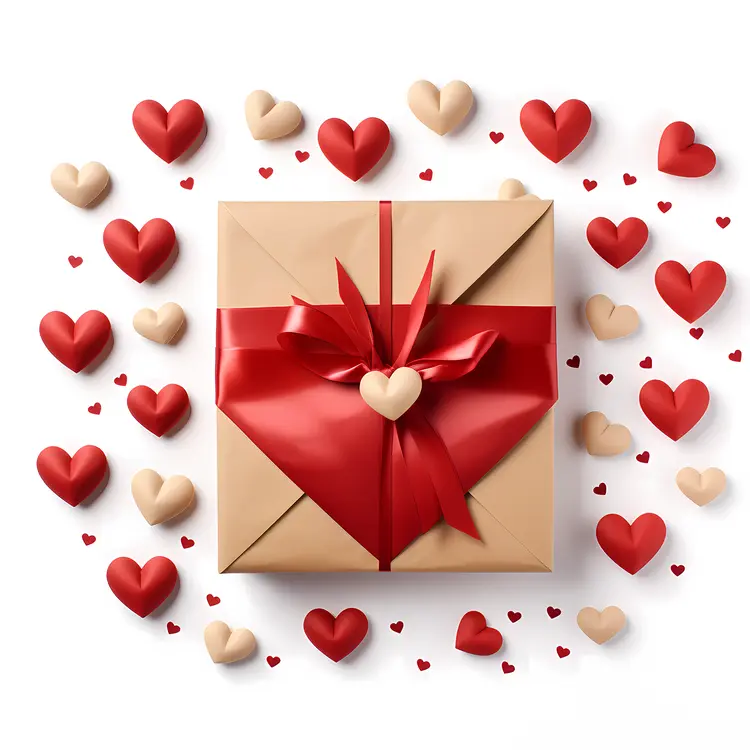Gift Box with Red Ribbon and Hearts for Valentine's Day