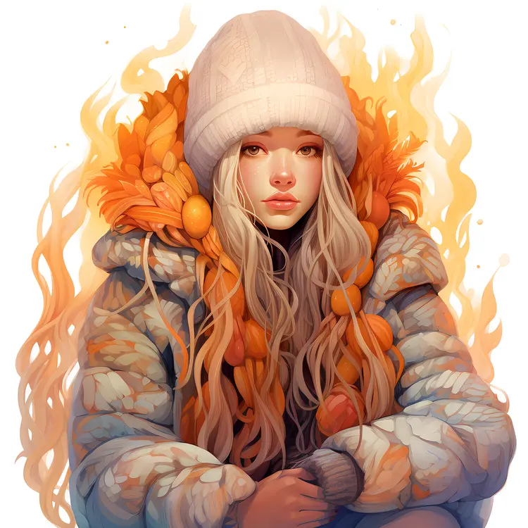 Girl in White Hat and Orange Coat in Winter Clothing