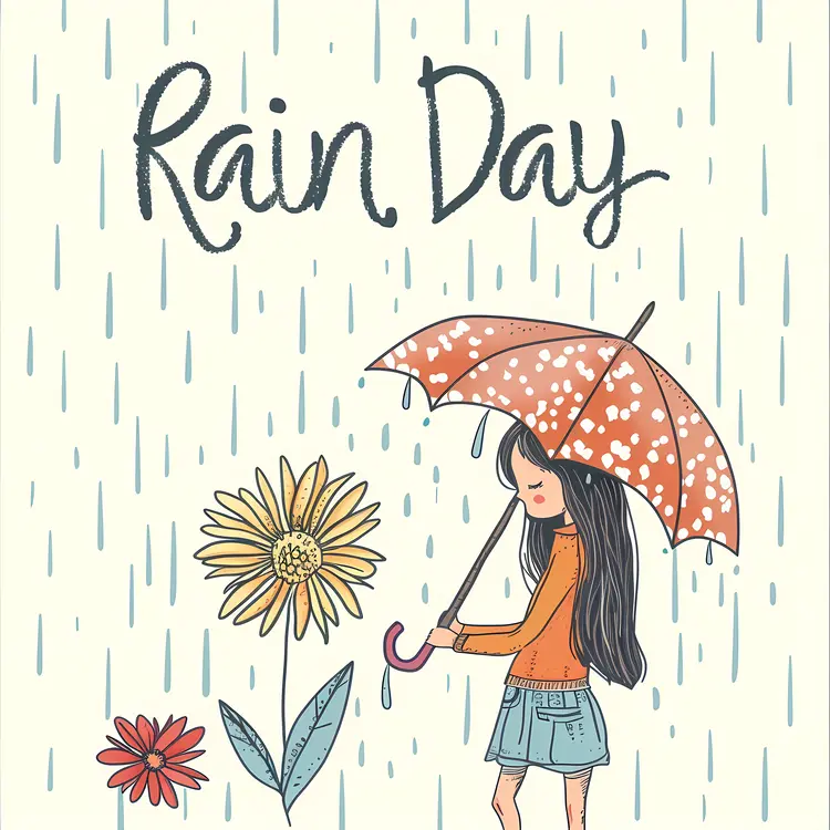 Girl with Orange Umbrella on Rainy Day