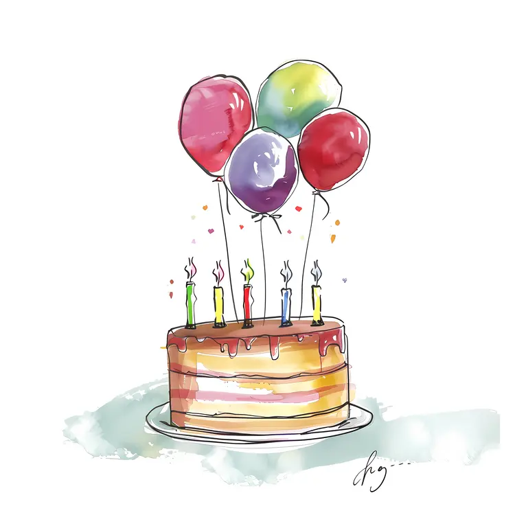 Watercolor Birthday Cake with Balloons and Candles