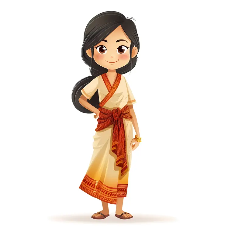 Cute Cartoon Girl in Traditional Dress