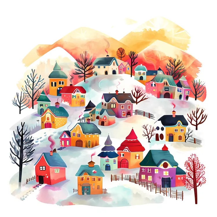 Colorful Winter Village Illustration