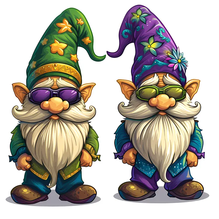 Two Gnomes with Sunglasses and Colorful Hats