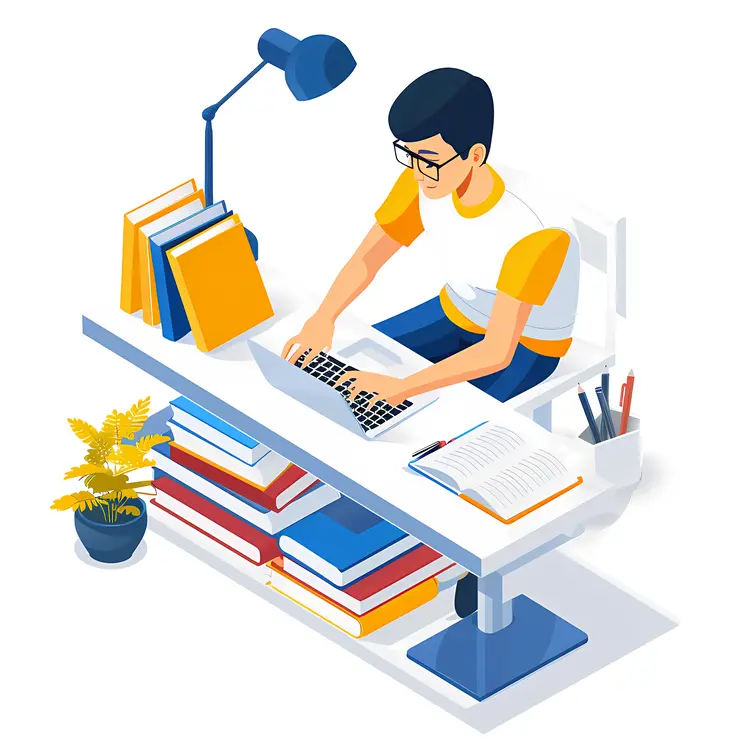 Boy Studying at Desk with Books