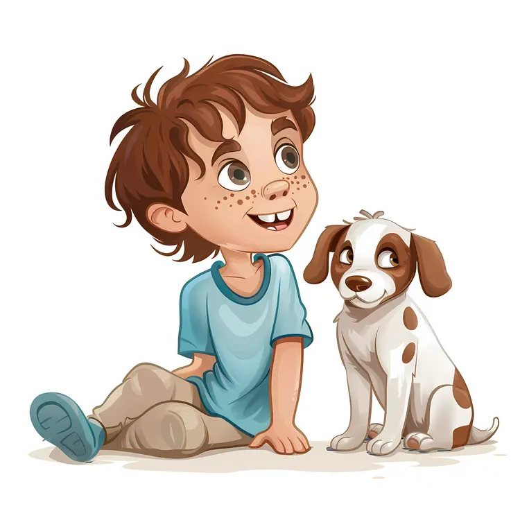 Boy Sitting with Dog Illustration