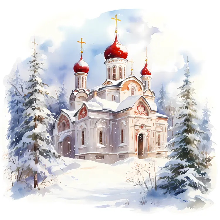 Snowy Church with Red Domes