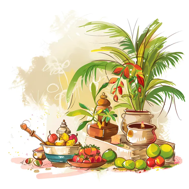 Traditional Pots and Fruits for Songkran Festival